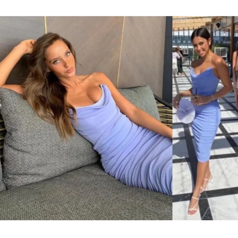 Michael Costello x Revolve India Midi Dress in Periwinkle Strapless Ruched